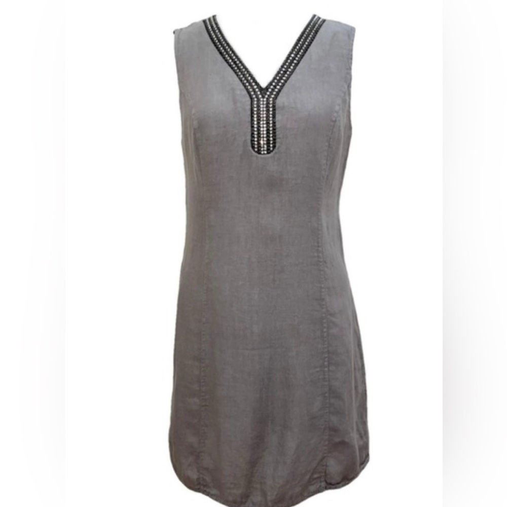 Lina Tomei Gray Linen Dress Beaded Neckline Made in Italy Size Medium